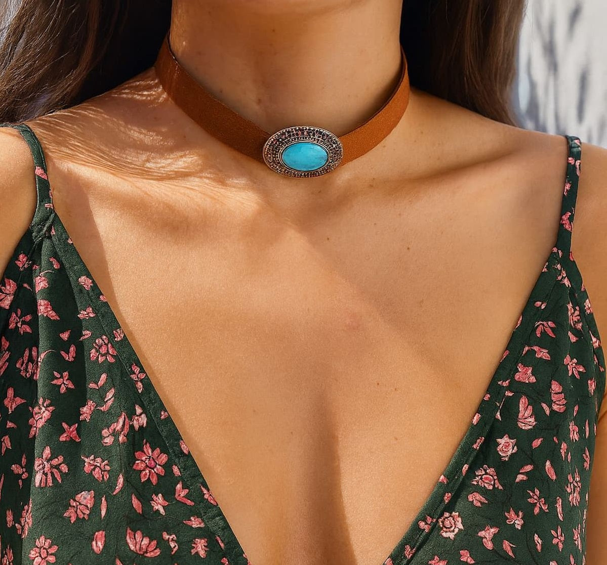 Choker Couro Sintético com Pedra Azul Turquesa
