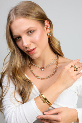 Colar Riviera Cristal Dourado com Pingente Coração Ródio Branco