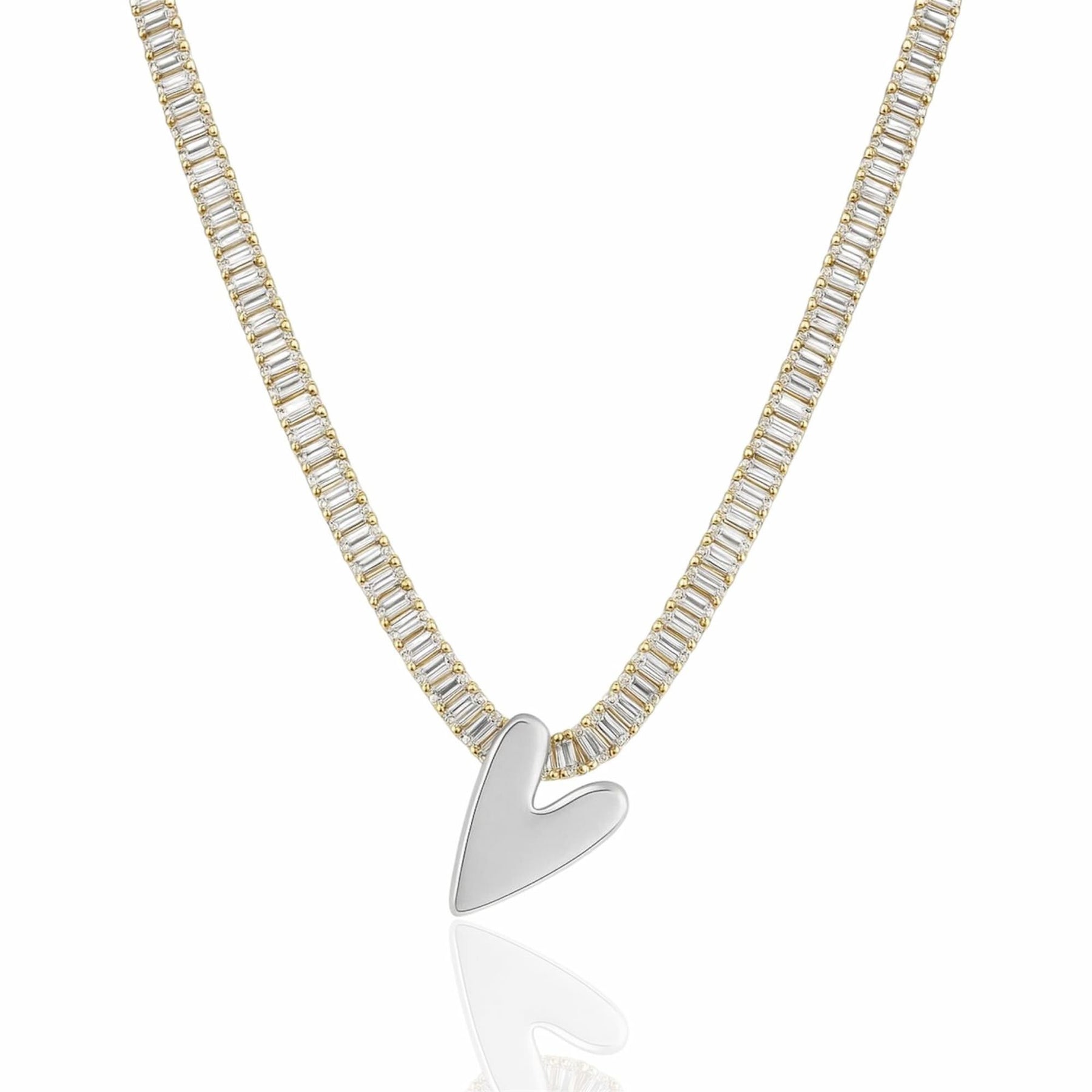 Colar Riviera Cristal Dourado com Pingente Coração Ródio Branco