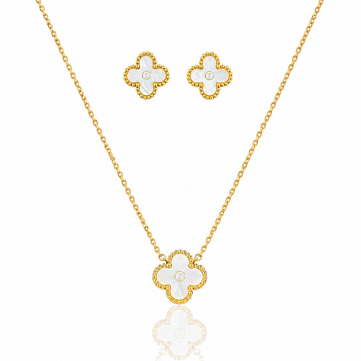 Conjunto Colar e Brinco Trevo Inspiração Branco com Dourado