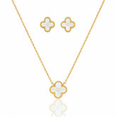 Conjunto Colar e Brinco Trevo Inspiração Branco com Dourado