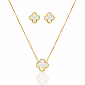 Conjunto Colar e Brinco Trevo Inspiração Branco com Dourado