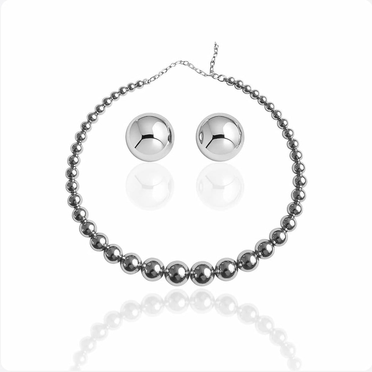 Conjunto Colar Aro Bola e Brinco Redondo Ródio Branco