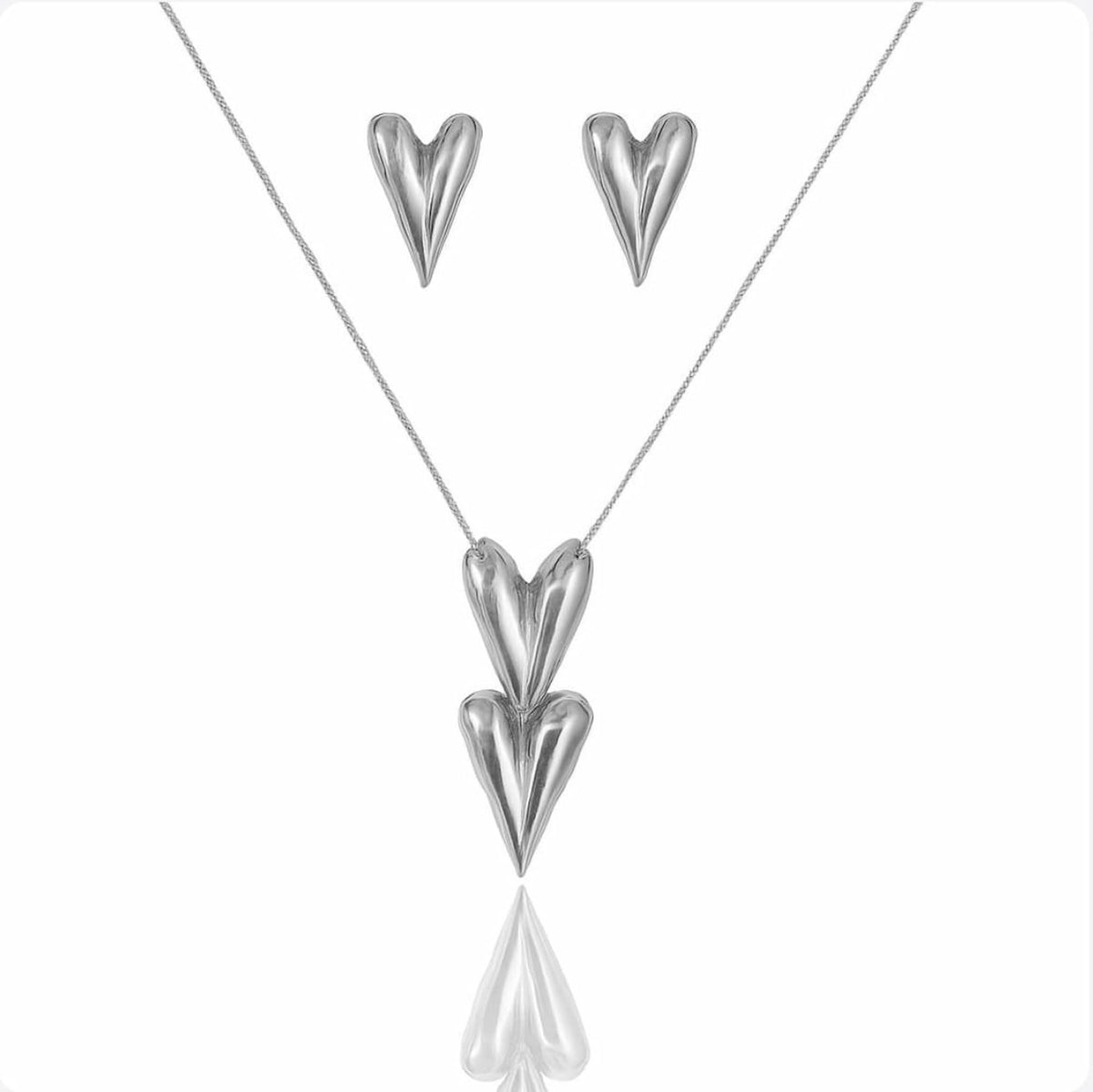 Conjunto Colar Coração Duplo com Brinco Coração Ródio Branco
