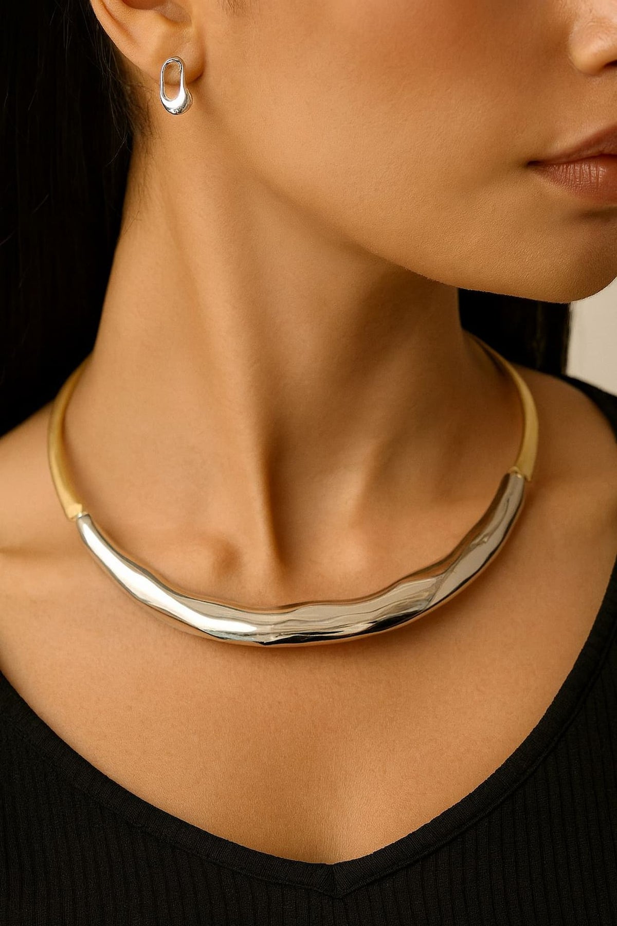 Conjunto Colar Orgânico Ródio Branco com Dourado e Brinco Ródio Branco