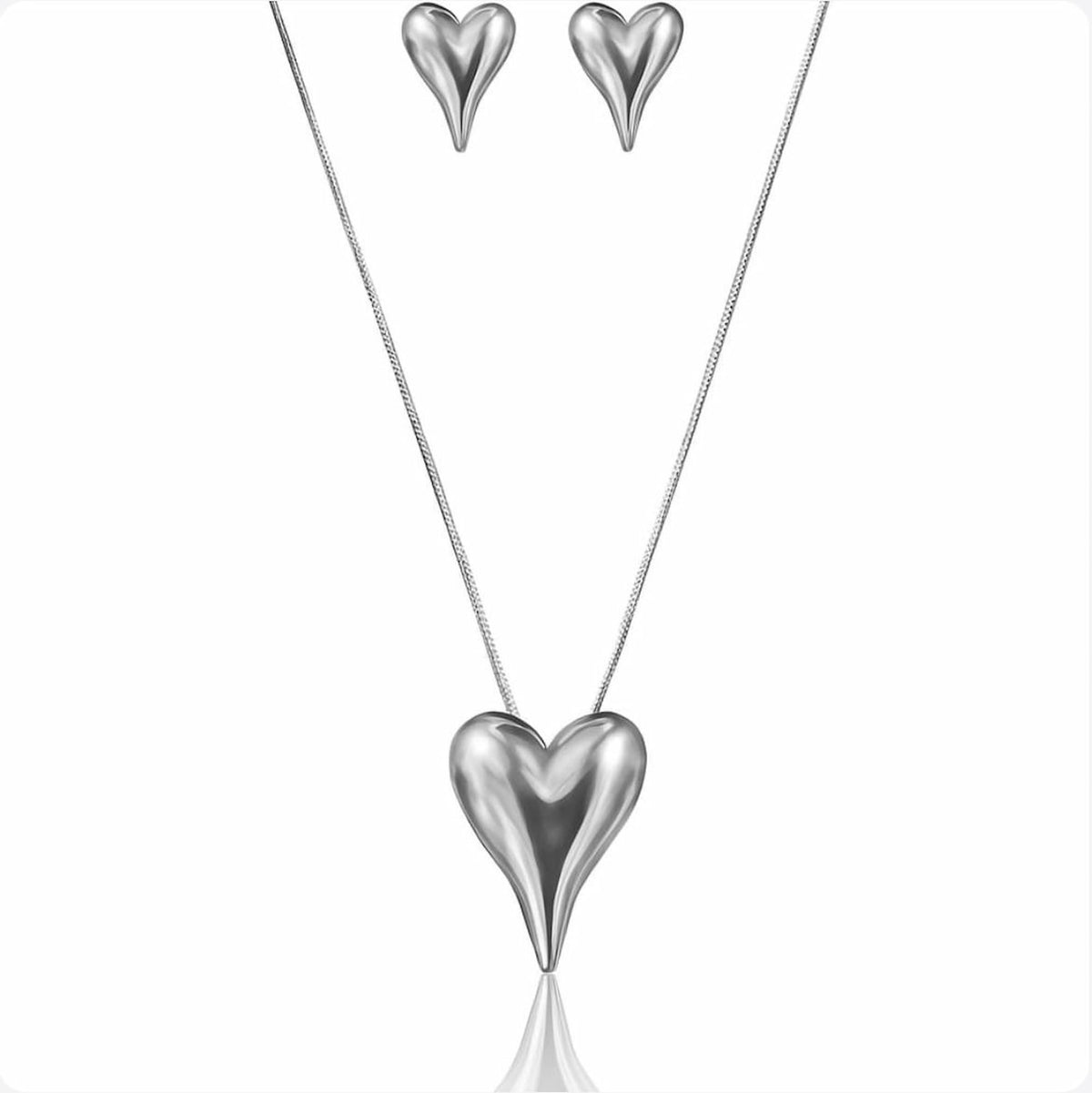 Conjunto Colar e Brinco Coração Ródio Branco
