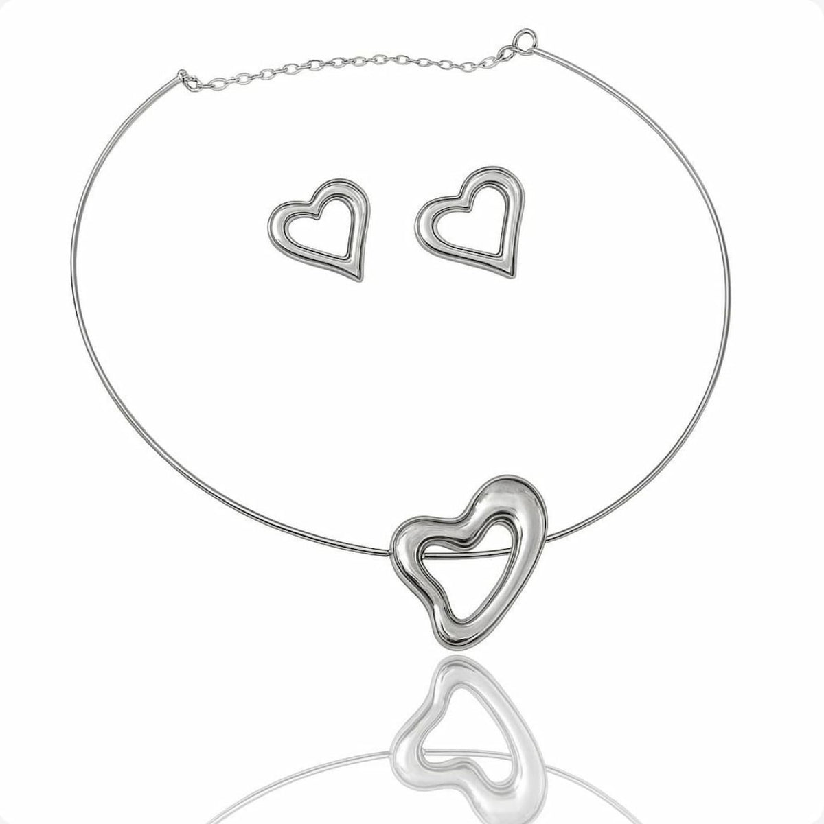 Conjunto Choker Aro com Brinco Coração Vazado Ródio Branco