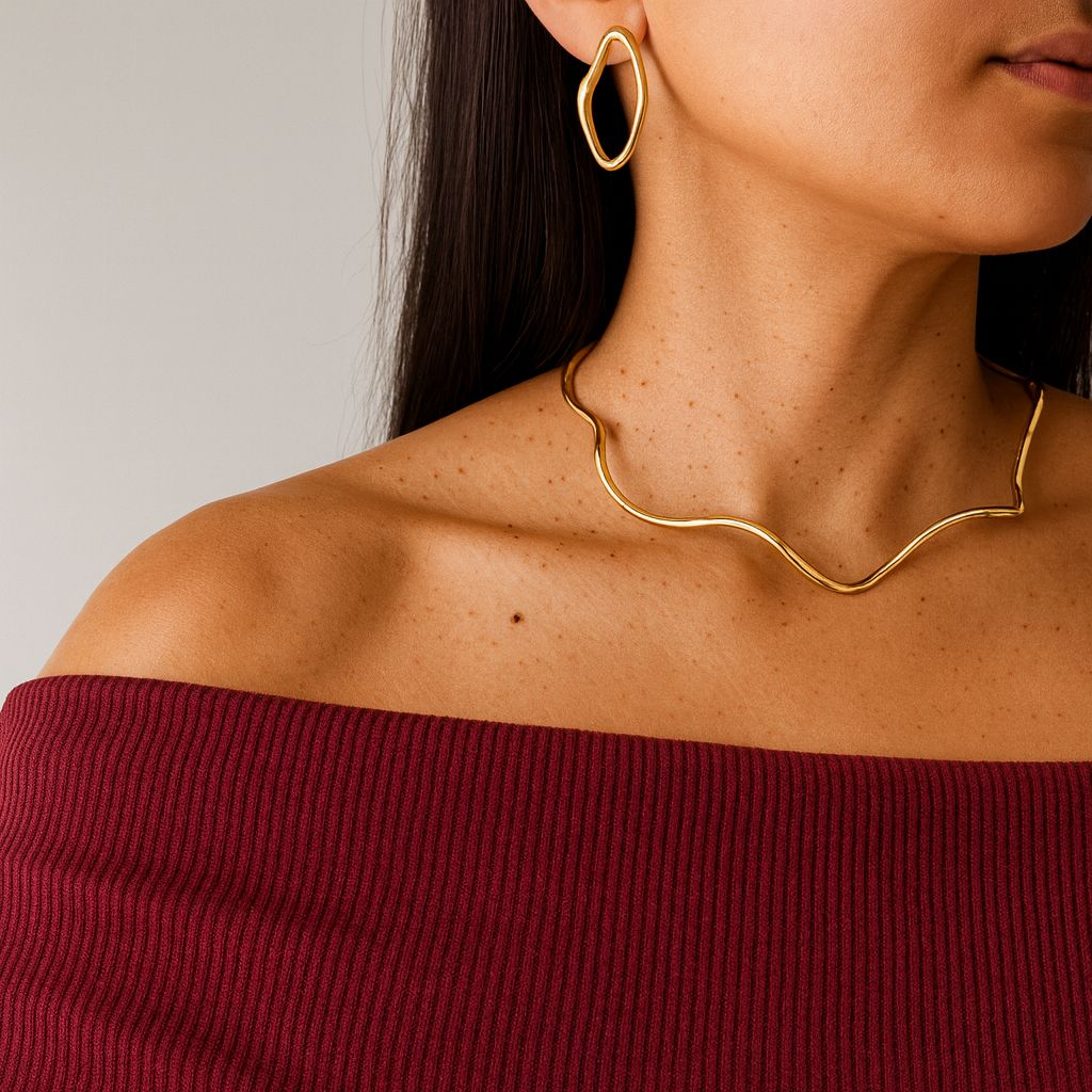 Conjunto Choker Aro Ondulado com Brinco Assimétrico Feminino
