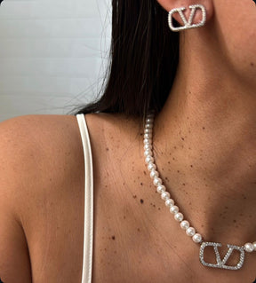 Conjunto Colar Pérolas e Brinco Cravejado Zircônias Inspiração