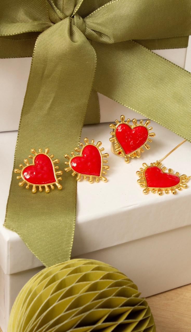 Conjunto Colar Veneziana com Brinco e Anel de Coração Resinado