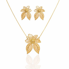 Kit Colar + Brinco Flor Dourado e Esmaltado
