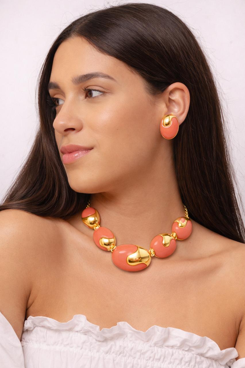 Conjunto Colar e Brinco Dourado Esmaltado