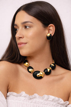 Conjunto Colar e Brinco Dourado Esmaltado