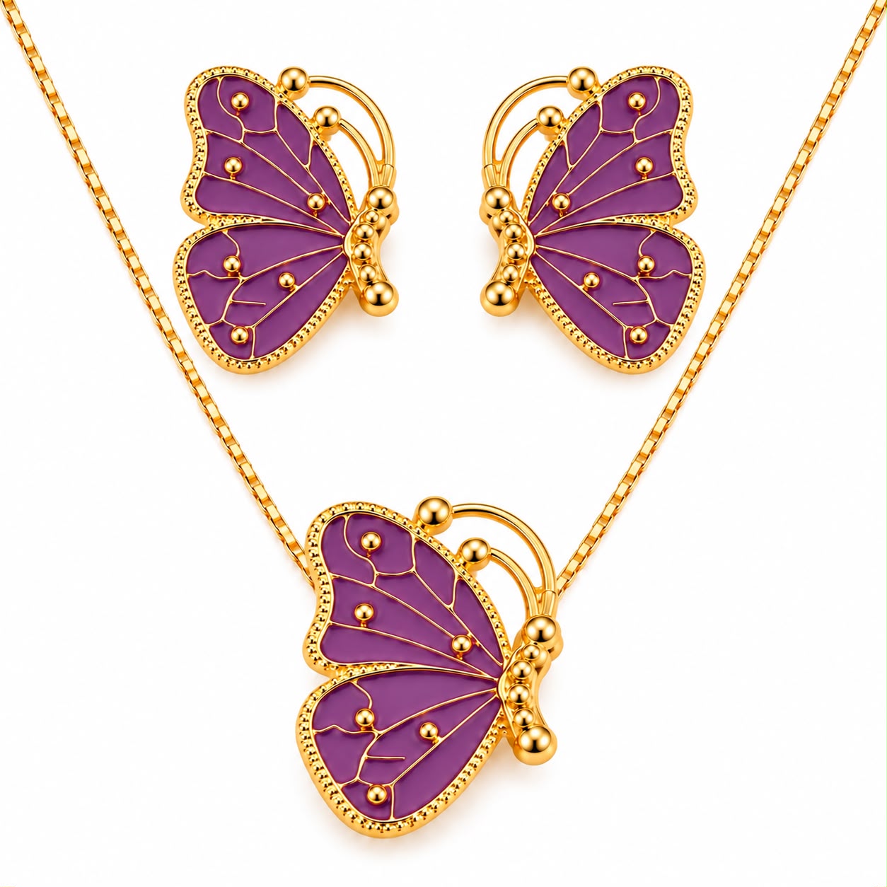 Conjunto Colar e Brinco Dourado com Borboleta Lilás Esmaltada