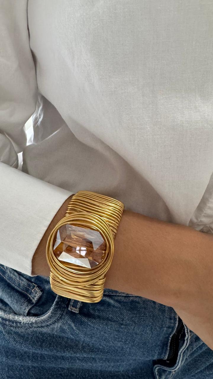 Bracelete Largo Dourado com Pedra Central