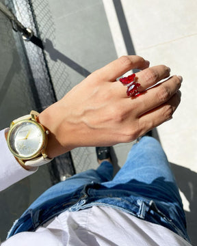 Anel Borboleta Ródio Branco com Vermelho Cristal
