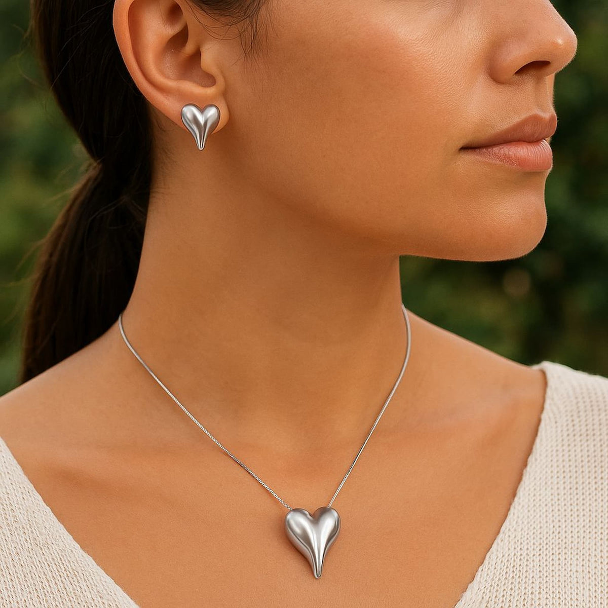 Conjunto Colar e Brinco Coração Ródio Branco
