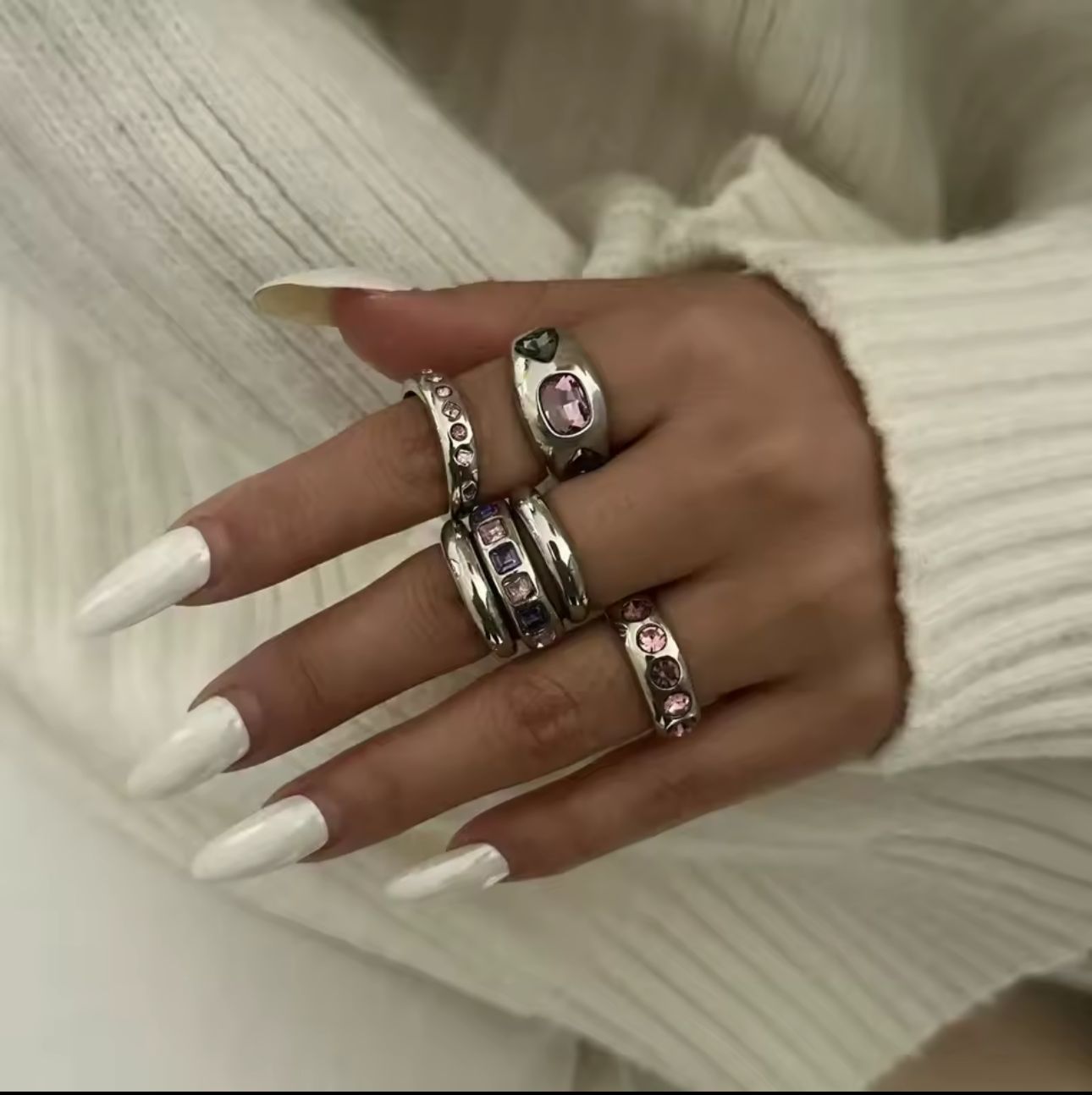 Jogo de Anel Cravejado com Zircônia Ametista e Rosa Tamanho 18