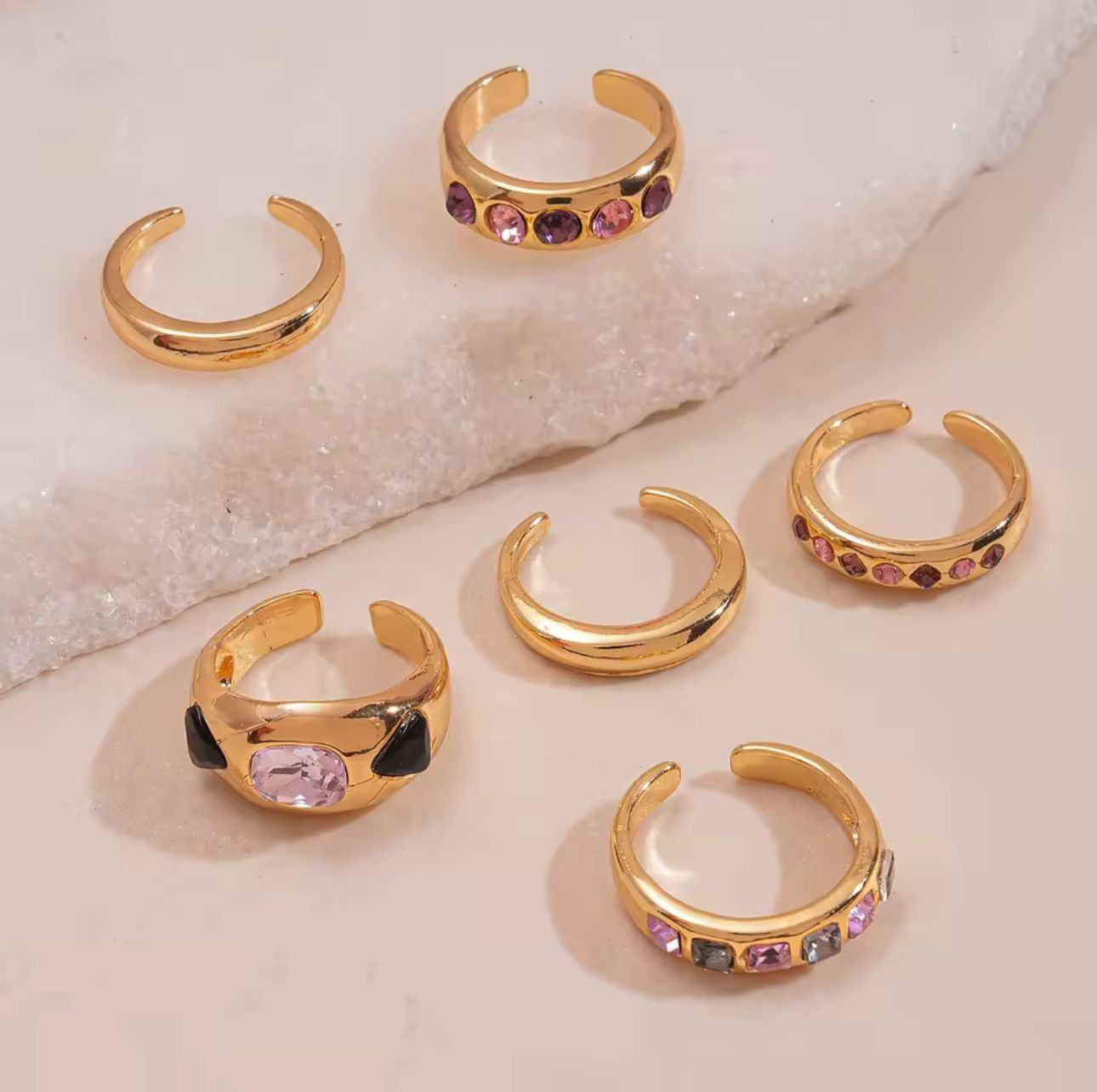 Jogo de Anel Cravejado com Zircônia Ametista e Rosa Tamanho 18