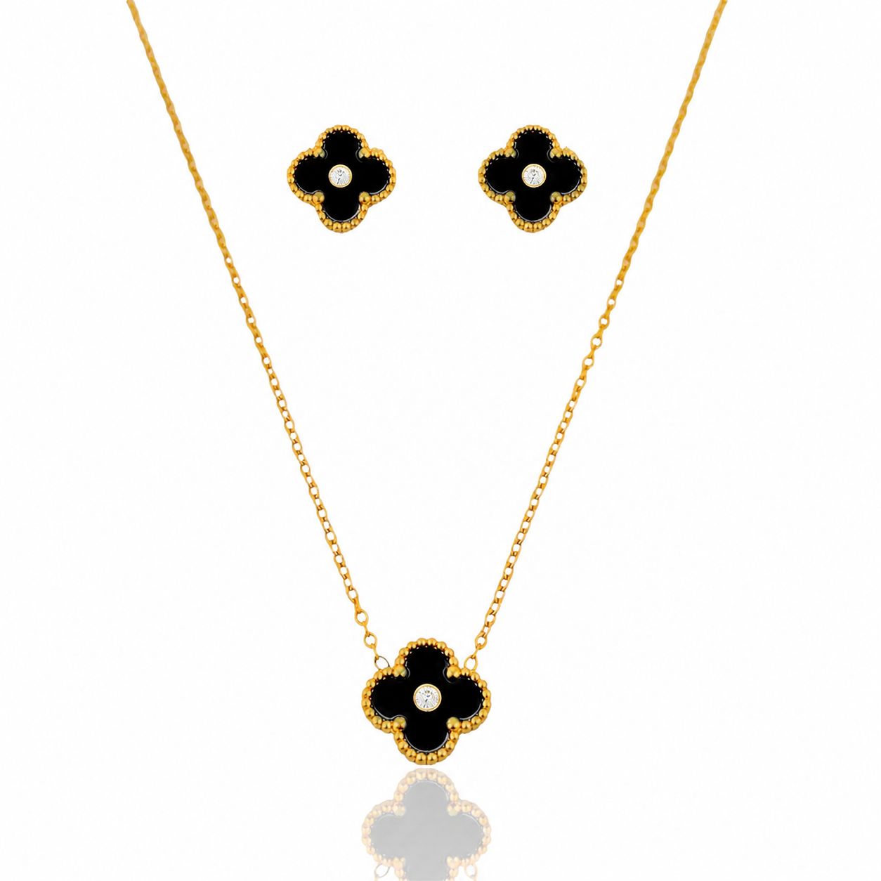 Conjunto Colar e Brinco Trevo Inspiração Preto com Dourado