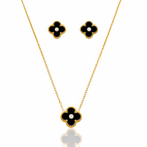 Conjunto Colar e Brinco Trevo Inspiração Preto com Dourado