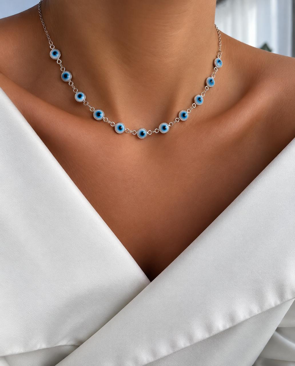 Colar Choker Olho Grego Azul Claro Prata