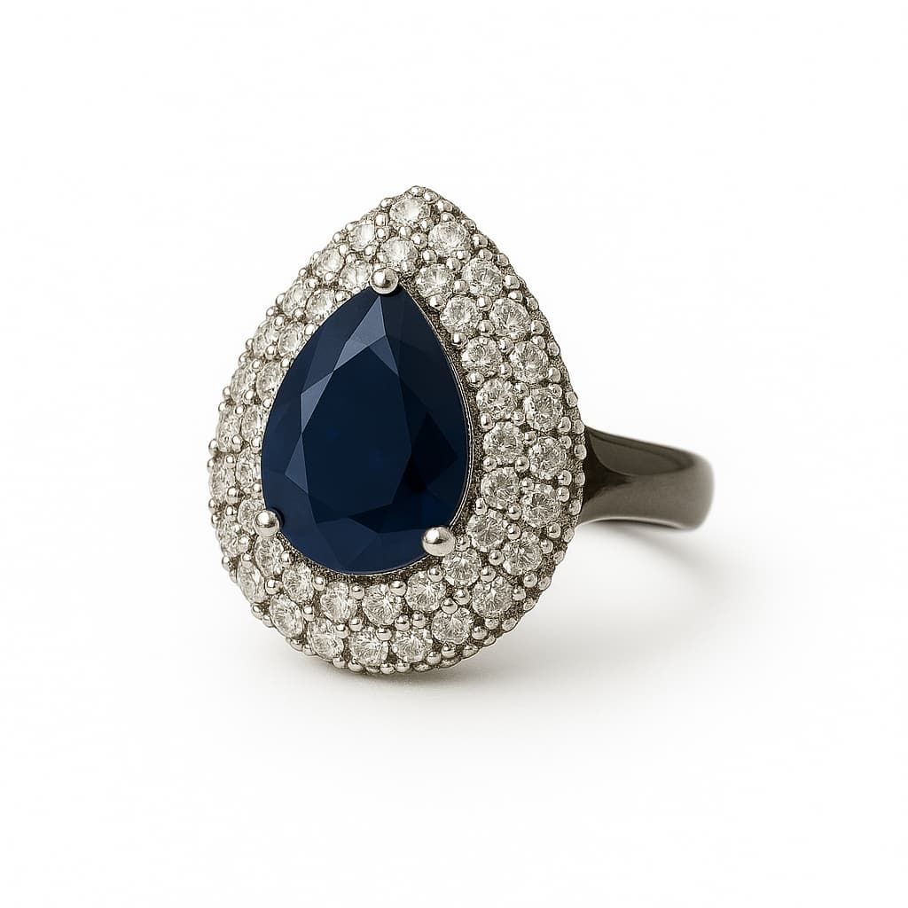 Anel Ródio Negro Cravejado Cristal com Pedra Gota Azul
