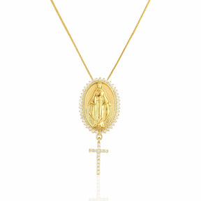 Colar Medalha Sagrada com Crucifixo Cravejado Zircônia