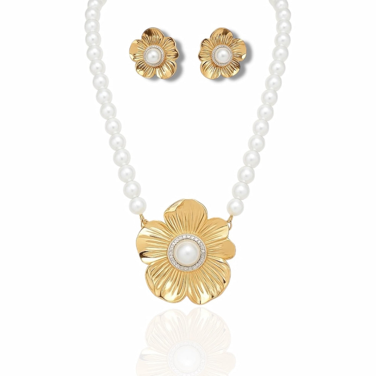 Conjunto Colar Pérolas com Pingente e Brinco Flor