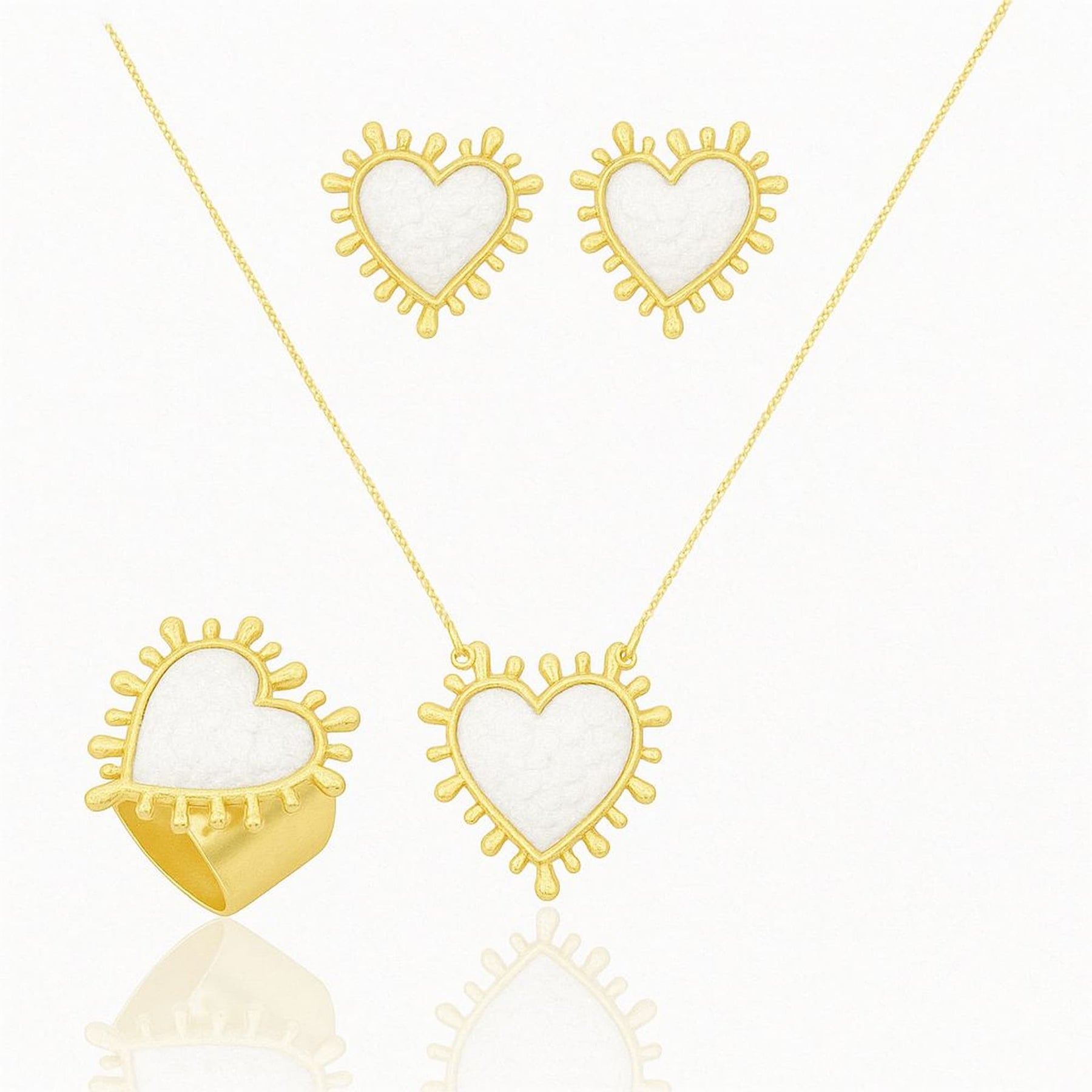 Conjunto Colar Veneziana com Brinco e Anel de Coração Resinado