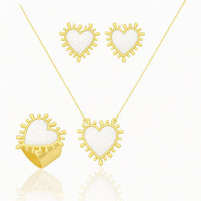 Conjunto Colar Veneziana com Brinco e Anel de Coração Resinado