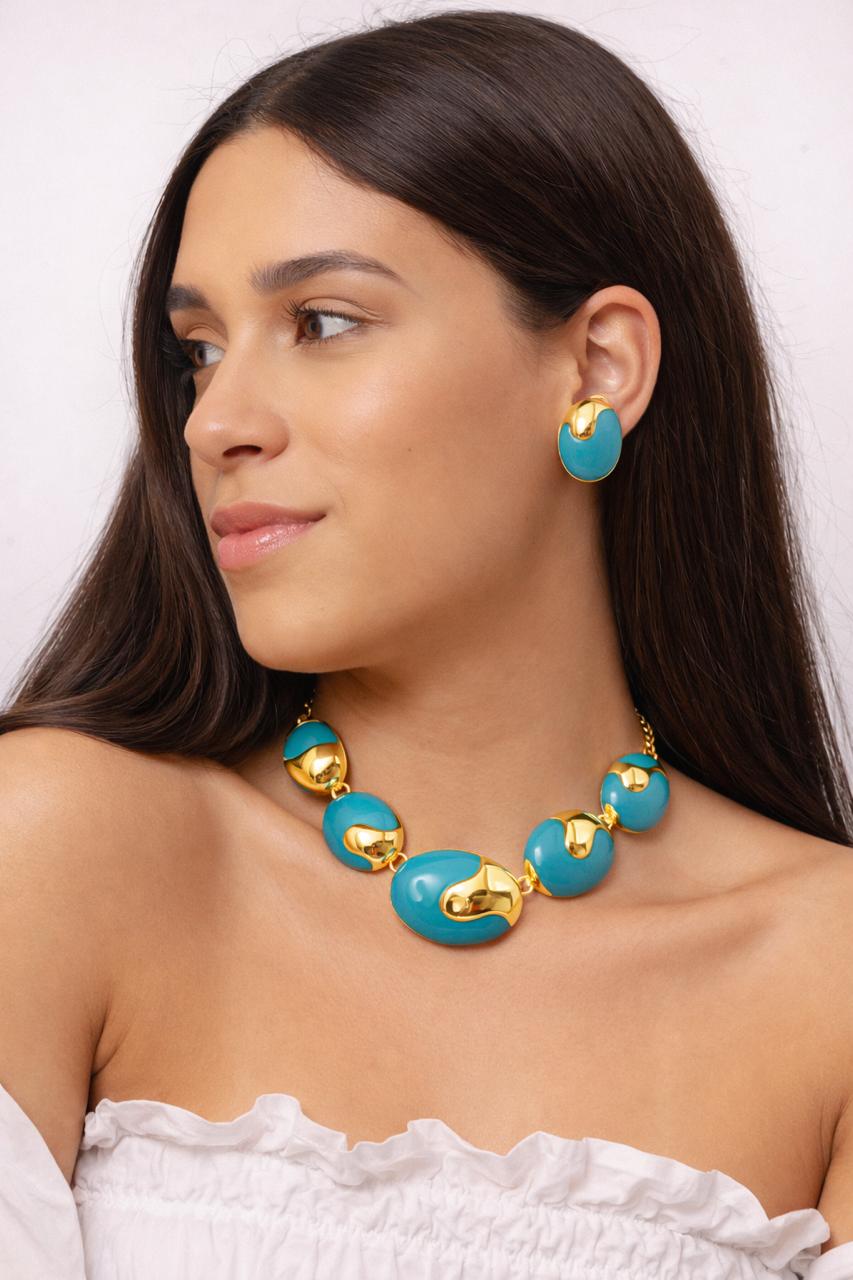 Conjunto Colar e Brinco Dourado Esmaltado