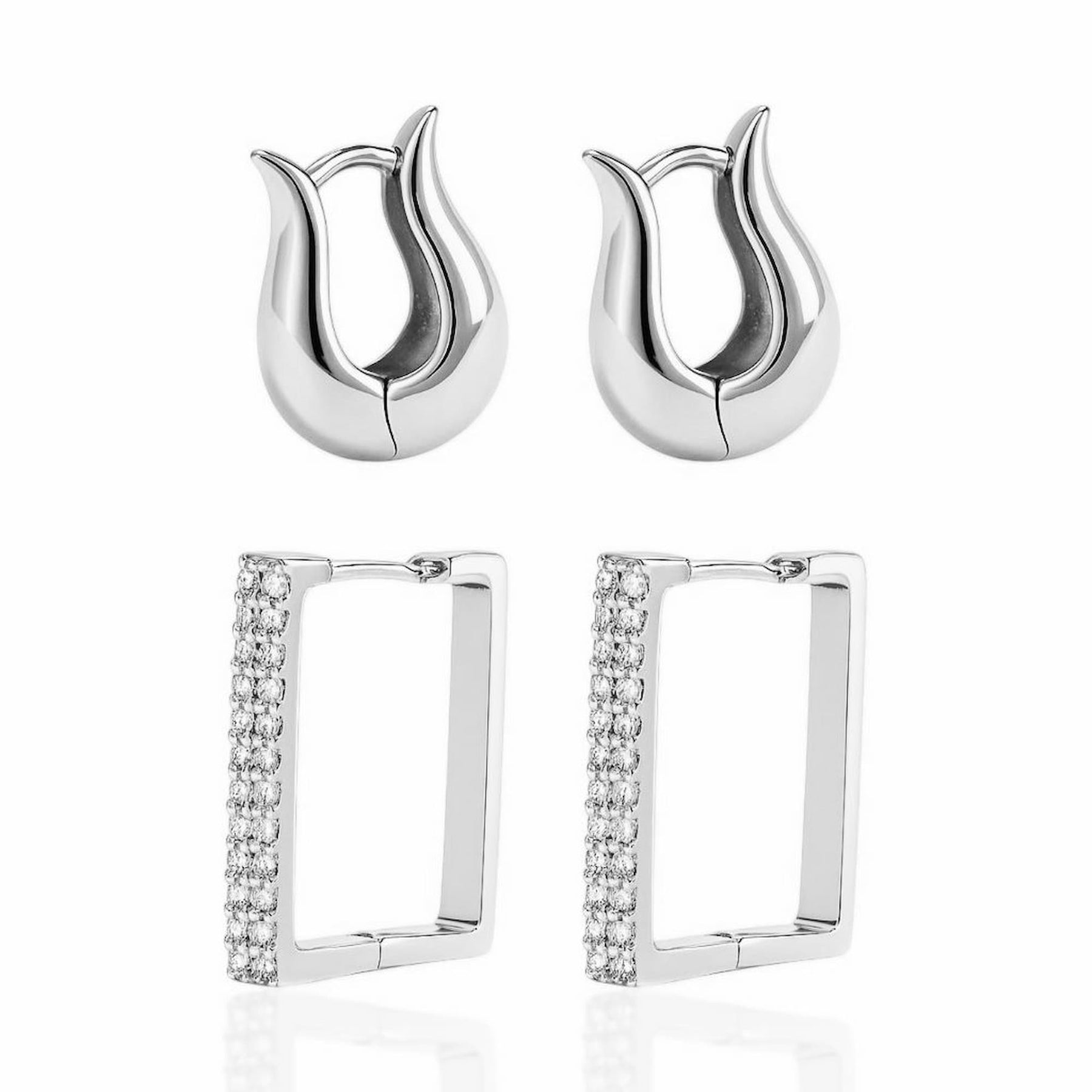 Brinco Dupla Argolas Gota e Retangular Cravejado