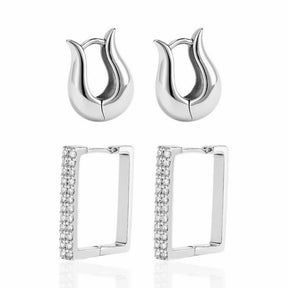 Brinco Dupla Argolas Gota e Retangular Cravejado