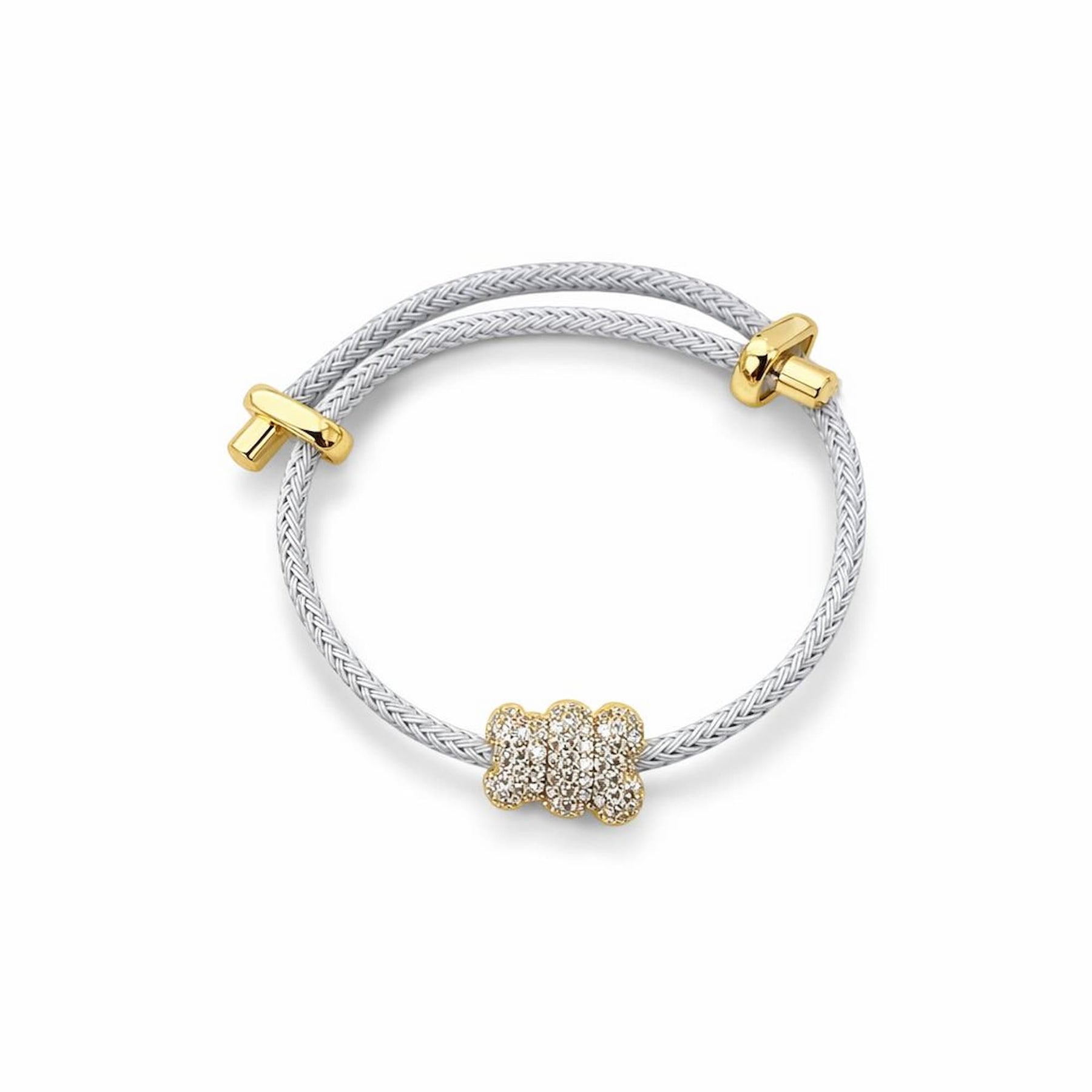 Pulseira Ajustável de Malha com Pingente Urso Cravejado de Micro Zircônias Ouro 18k e Prata 925