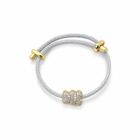 Pulseira Ajustável de Malha com Pingente Urso Cravejado de Micro Zircônias Ouro 18k e Prata 925