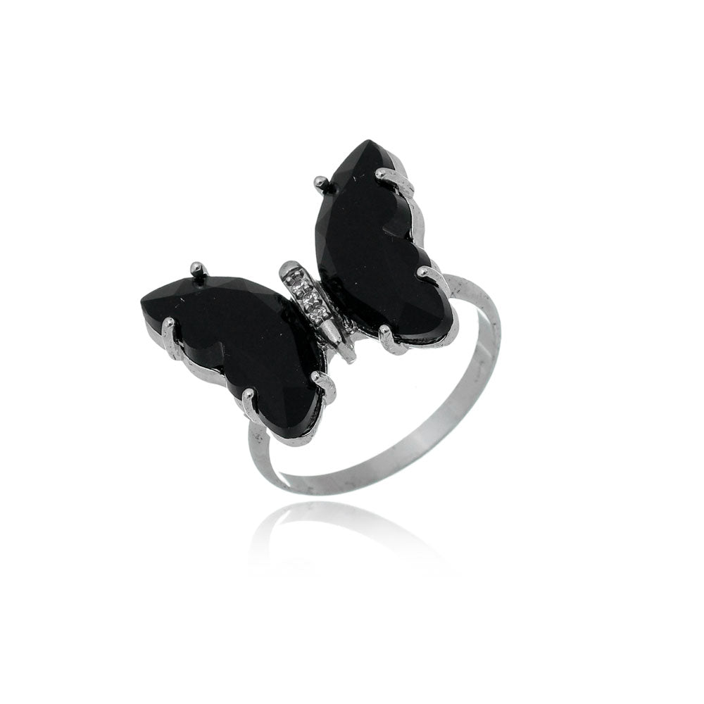 Anel Borboleta Cristal Preto com Ródio Branco