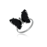 Anel Borboleta Cristal Preto com Ródio Branco
