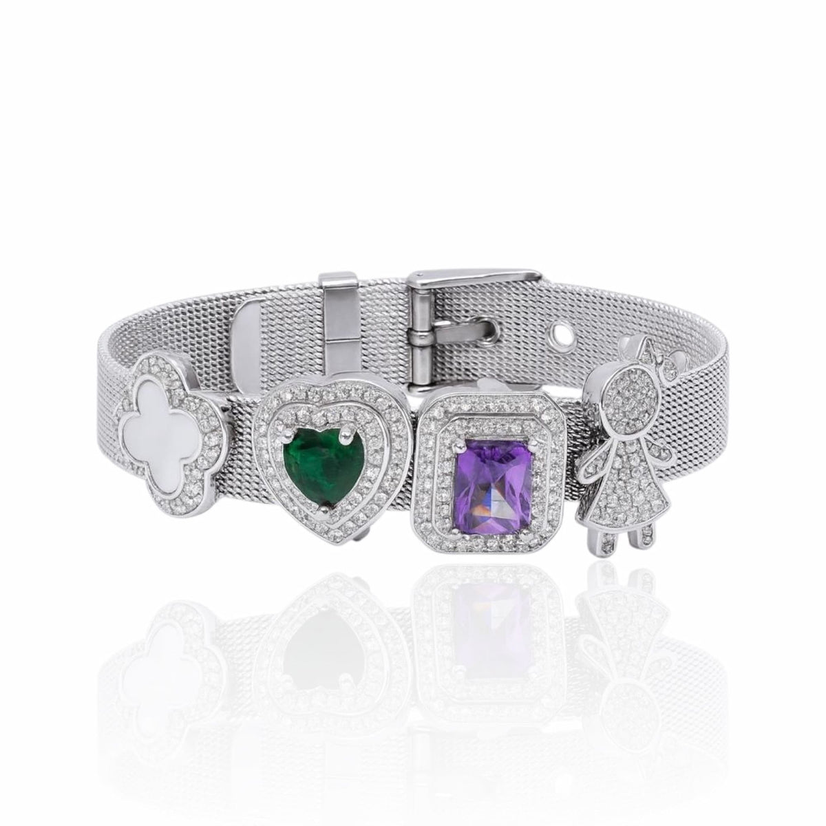 Pulseira de Malha Ródio Branco com Pingentes Cravejados de Zircônias