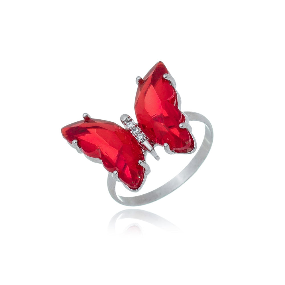 Anel Borboleta Ródio Branco com Vermelho Cristal