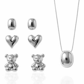 Conjunto Colar Veneziana com Trio de Brincos Orgânico, Coração e Urso